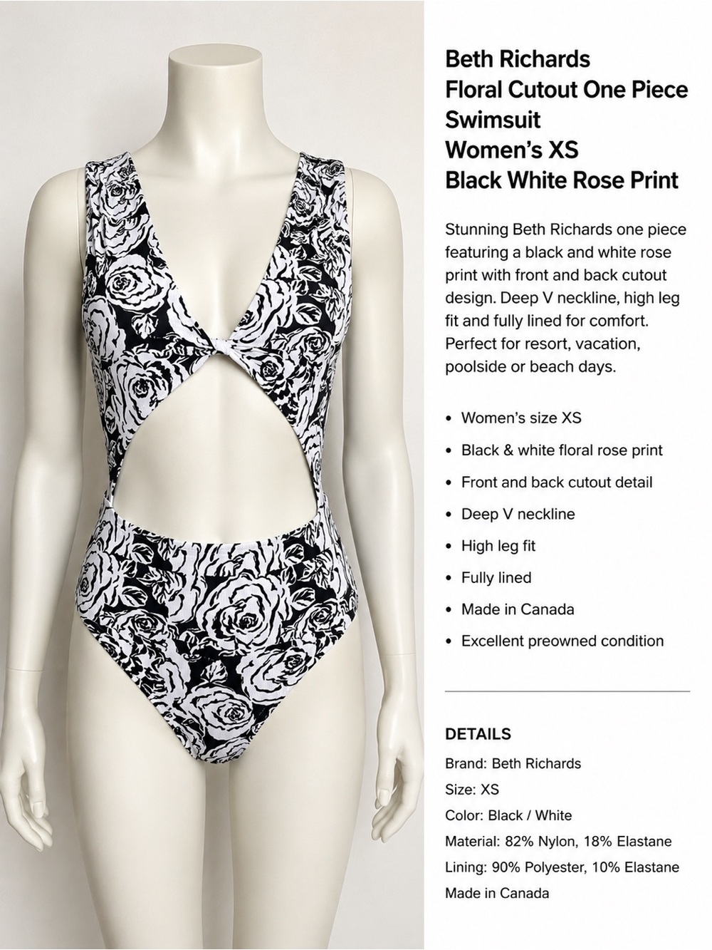 Beth Richards Floral Cutout One Piece Swimsuit Women’s XS Black White Rose Print